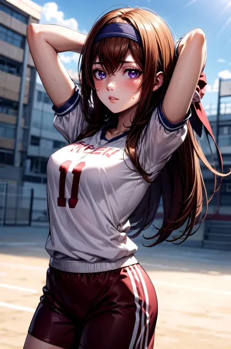 (masterpiece, best quality, detailed), 1girl, solo, looking at viewer, makise kurisu, purple eyes, brown hair, long hair,
basketball jersey, shorts, sweatband, headband, wristband, basketball, <lora:school_yard_v0.1:1>, school yard, field, arms behind head, parted lips, heavy breathing