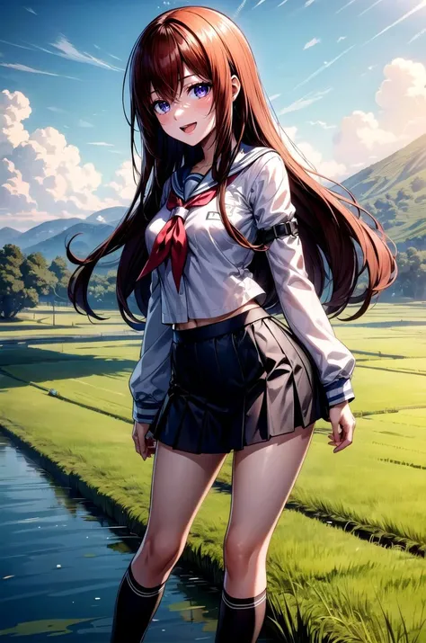(masterpiece, best quality, detailed), 1girl, solo, looking at viewer, makise kurisu, purple eyes, brown hair, long hair,
school uniform, pleated skirt, neckerchief, kneehighs, miniskirt, rice paddy, rural, mud, power lines, scenery, hill, mountainous horizon, contrapposto, smile, open mouth