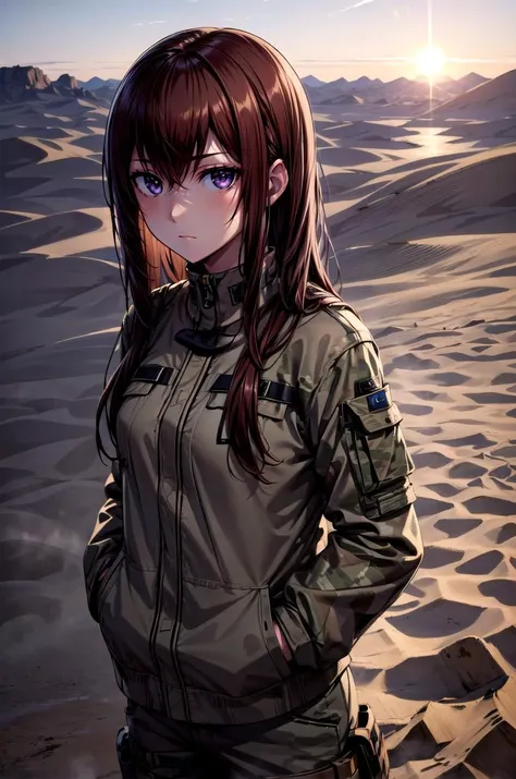 (masterpiece, best quality, detailed), 1girl, solo, looking at viewer, makise kurisu, purple eyes, brown hair, long hair,
<lora:camouflage_uniform04:0.5>, wearing camouflage_uniform, desert, sand, dust, sun, hands in pockets, closed mouth, expressionless