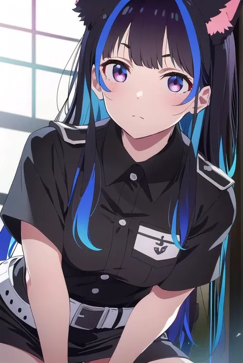 miniyaemori, <lyco:miniyaemori-lyco-nochekaiser:1>,
mini yaemori, long hair, bangs, black hair, blue hair, (purple eyes:1.1), multicolored hair, blunt bangs, streaked hair,
BREAK skirt, shirt, animal ears, short sleeves, collared shirt, belt, cat ears, black skirt, uniform, animal ear fluff, parody, blue shirt, pencil skirt, black belt, police, police uniform,
BREAK looking at viewer,
BREAK indoors,
BREAK <lyco:GoodHands-beta2:1>, (masterpiece:1.2), best quality, high resolution, unity 8k wallpaper, (illustration:0.8), (beautiful detailed eyes:1.6), extremely detailed face, perfect lighting, extremely detailed CG, (perfect hands, perfect anatomy),