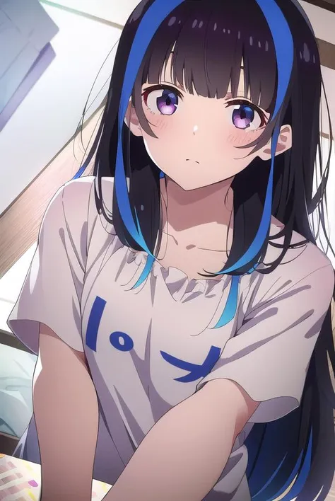 miniyaemori, <lyco:miniyaemori-lyco-nochekaiser:1>,
mini yaemori, long hair, bangs, black hair, blue hair, (purple eyes:1.1), multicolored hair, blunt bangs, streaked hair,
BREAK shirt, white shirt, short sleeves, clothes writing,
BREAK looking at viewer,
BREAK indoors,
BREAK <lyco:GoodHands-beta2:1>, (masterpiece:1.2), best quality, high resolution, unity 8k wallpaper, (illustration:0.8), (beautiful detailed eyes:1.6), extremely detailed face, perfect lighting, extremely detailed CG, (perfect hands, perfect anatomy),