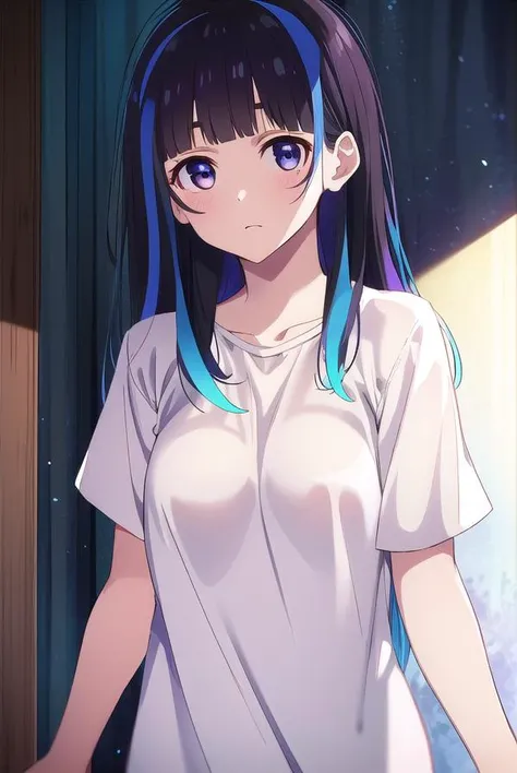 miniyaemori, <lyco:miniyaemori-lyco-nochekaiser:1>,
mini yaemori, long hair, bangs, black hair, blue hair, (purple eyes:1.1), multicolored hair, blunt bangs, streaked hair,
BREAK shirt, white shirt, short sleeves, clothes writing,
BREAK looking at viewer,
BREAK indoors,
BREAK <lyco:GoodHands-beta2:1>, (masterpiece:1.2), best quality, high resolution, unity 8k wallpaper, (illustration:0.8), (beautiful detailed eyes:1.6), extremely detailed face, perfect lighting, extremely detailed CG, (perfect hands, perfect anatomy),