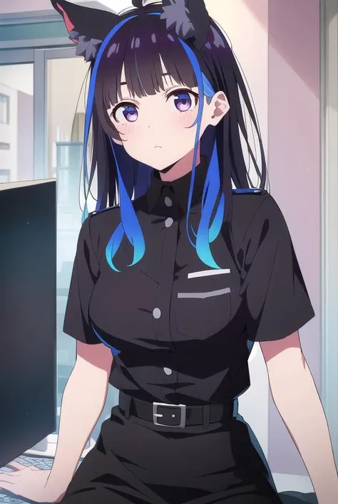 miniyaemori, <lyco:miniyaemori-lyco-nochekaiser:1>,
mini yaemori, long hair, bangs, black hair, blue hair, (purple eyes:1.1), multicolored hair, blunt bangs, streaked hair,
BREAK skirt, shirt, animal ears, short sleeves, collared shirt, belt, cat ears, black skirt, uniform, animal ear fluff, parody, blue shirt, pencil skirt, black belt, police, police uniform,
BREAK looking at viewer,
BREAK indoors,
BREAK <lyco:GoodHands-beta2:1>, (masterpiece:1.2), best quality, high resolution, unity 8k wallpaper, (illustration:0.8), (beautiful detailed eyes:1.6), extremely detailed face, perfect lighting, extremely detailed CG, (perfect hands, perfect anatomy),
