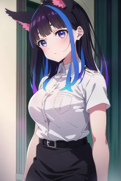 miniyaemori, <lyco:miniyaemori-lyco-nochekaiser:1>,
mini yaemori, long hair, bangs, black hair, blue hair, (purple eyes:1.1), multicolored hair, blunt bangs, streaked hair,
BREAK skirt, shirt, animal ears, short sleeves, collared shirt, belt, cat ears, black skirt, uniform, animal ear fluff, parody, blue shirt, pencil skirt, black belt, police, police uniform,
BREAK looking at viewer,
BREAK indoors,
BREAK <lyco:GoodHands-beta2:1>, (masterpiece:1.2), best quality, high resolution, unity 8k wallpaper, (illustration:0.8), (beautiful detailed eyes:1.6), extremely detailed face, perfect lighting, extremely detailed CG, (perfect hands, perfect anatomy),