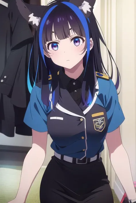miniyaemori, <lyco:miniyaemori-lyco-nochekaiser:1>,
mini yaemori, long hair, bangs, black hair, blue hair, (purple eyes:1.1), multicolored hair, blunt bangs, streaked hair,
BREAK skirt, shirt, animal ears, short sleeves, collared shirt, belt, cat ears, black skirt, uniform, animal ear fluff, parody, blue shirt, pencil skirt, black belt, police, police uniform,
BREAK looking at viewer,
BREAK indoors,
BREAK <lyco:GoodHands-beta2:1>, (masterpiece:1.2), best quality, high resolution, unity 8k wallpaper, (illustration:0.8), (beautiful detailed eyes:1.6), extremely detailed face, perfect lighting, extremely detailed CG, (perfect hands, perfect anatomy),