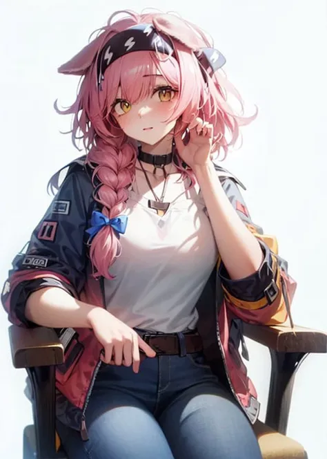 1girl,headband, sitting,jeans,sitting,chair,cowboy shot,simple background