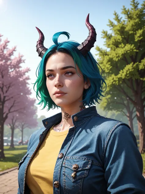 1girl, solo, short hair, ahoge, tree, multicolored hair, blue hair, dyed bangs, green hair, makeup, outdoors, lips, upper body, shirt, denim jacket, neck tattoo, horns, sky, day, two-tone hair, black hair, GradientBYP_PDXL , indoors, DynaPortrait_PDXL BREAK PonyXLV6_Scores