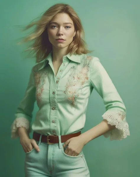 LeaSeydoux, Ultra sharp,4k,detailed,hdr, art by Myles Birket Foster, photograph, Detestable skinny Flemish Woman, wearing Angelic Flare jeans, simple Mint green background, Sketched, Kodak portra 800, Selective focus, <lora:LeaSeydouxSDXL:1>