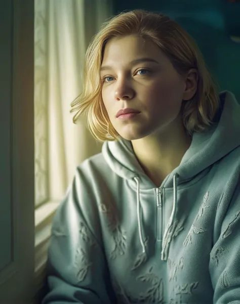 LeaSeydoux, Ultra sharp,4k,detailed,hdr, [art by Leandro Erlich| (art by Pamela Colman Smith:1.2) ], photograph, (Olive theme:0.7) , Detailed (Woman:1.1) , Home improvement, wearing Handsome Ice Hoodie, horizon-centered, ultrafine detailed, Proud, film grain, Phase One XF IQ4 150MP, F/14,  <lora:LeaSeydouxSDXL:1>
