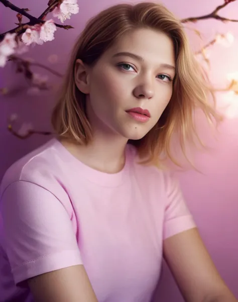 LeaSeydoux, Ultra sharp,4k,detailed,hdr, art by Monia Merlo, photograph, Tasteful Middle Aged (Girl:1.2) , Nuncio, wearing cherry blossom pink T-shirt and cargo pants, simple DayGlo purple background, Bokeh, Overdetailed art, Peaceful, best quality, film grain, Phase One XF IQ4 150MP, Low shutter, most beautiful artwork in the world, pixiv, <lora:LeaSeydouxSDXL:1>