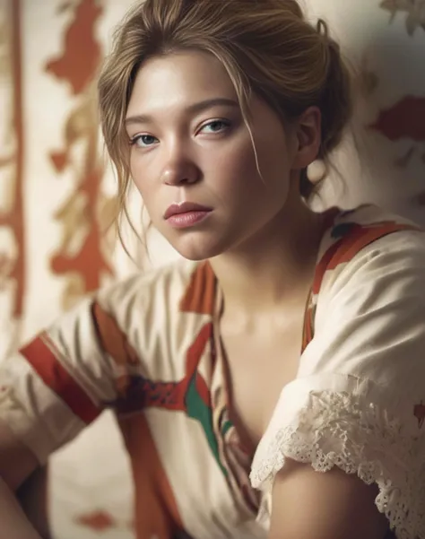 LeaSeydoux, Ultra sharp,4k,detailed,hdr, (art by Théodore Chassériau:0.8) , photograph, Embarrassing, Lifeless muscular Meiji Era (Woman:1.2) , Crossed legs, Revolting French crop hairstyle, Archean Tribal Face Marks, Ruff, Sunny, Visual novel, Relaxed, Conceptual Art, film grain, Canon eos 5d mark 4, F/8, beautiful,  <lora:LeaSeydouxSDXL:1>
