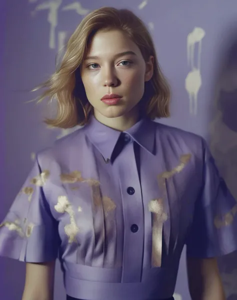 LeaSeydoux, Ultra sharp,4k,detailed,hdr, [ (art by Adrian Ghenie:0.8) ,art by John Hejduk:14], photograph, Georgian (Girl:1.1) , wearing Nomex dark indigo Evening wear, Normcore Art, Nostalgic lighting, Kodak portra 800, Zoom lens, Desaturated, dripping Lavender, ultra high res,  <lora:LeaSeydouxSDXL:1>
