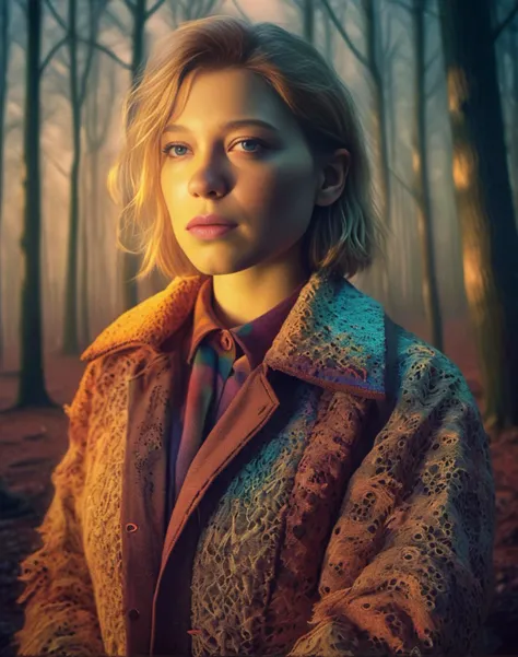 LeaSeydoux, Ultra sharp,4k,detailed,hdr, photograph, Ascii Art, Peasant (Female:1.1) , wearing Suspicious Dutch Polyester Acid colors Cotehardie, inside of a Feline Freeway, woods, Foggy, Screen print, studio lighting, Canon R5, Zoom lens, Cinestill, lots of details, <lora:LeaSeydouxSDXL:1>