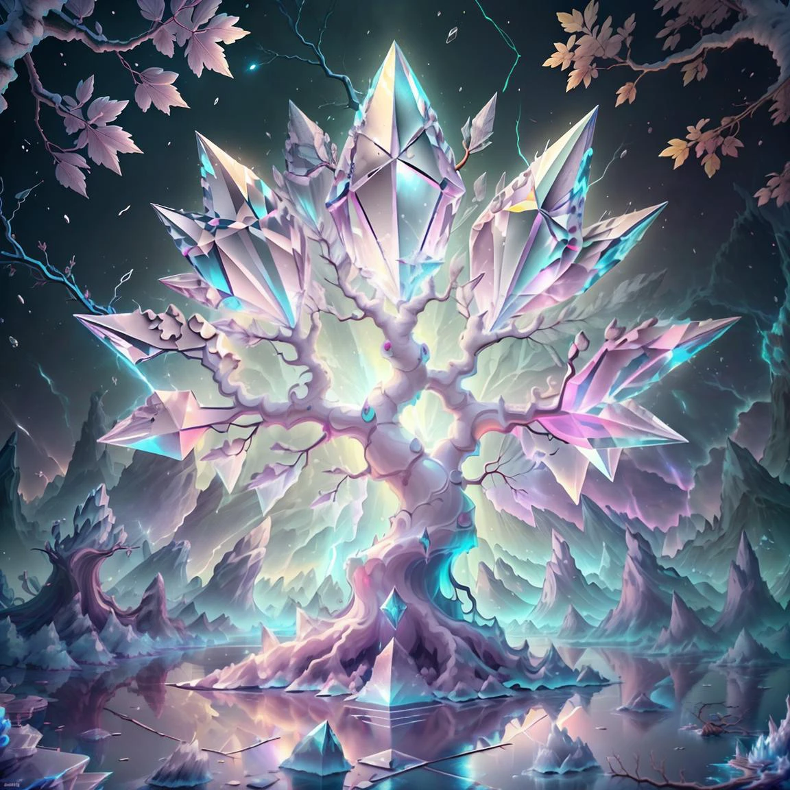 (crystal leaves), <lora:CrystallineAI-000009:1.1> (Tree with leaves made from crystallineai):1.3, <lora:RootsBranchesAIv5:0.2> rootsbranchesai, white gnarled branches, light roots swirling shaped like lightning:0.5, rendered in UE5, gnarled dead white:1.3 tree branches, barren white tree with roots, <lora:RetrowaveTech-20:0.3>, <lora:retrowave_0.12:0.3> RetrowaveTech tree with crystals, retrowave, Masterpiece, best quality, 8K, high res, ultra-detailed, (ambient occlusion:1.4, global illumination:1.2), (Subsurface scattering), (beautifully color-graded) cinematic , ue5, <lora:kVoidEnergy-000001:0.4> v0id3nergy
