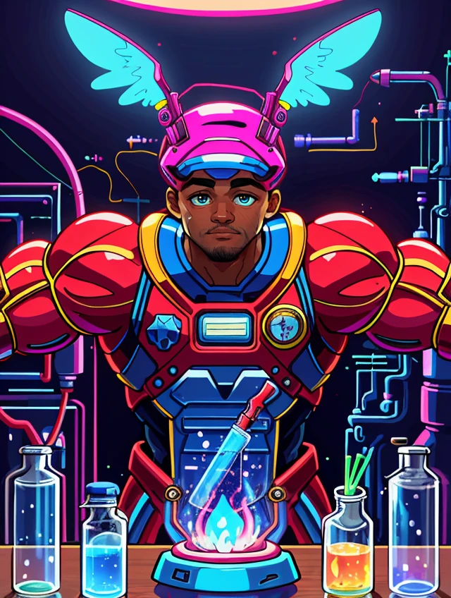 ((tr0y_n0texist )) <lora:colorify:0.3>, <lora:GoodHands-beta2:0.8>, BREAK looking at viewer, solo, from front, front view, upper body, detailed background, detailed face, (<lora:RetrowaveTech:0.6>, vaporwave, wirefrme, retrowavetech theme:1.1), inventor, safety-goggles, shirt, technology, , futuristic, , discovery, organized fantasy research lab in background, chemistry, beakers, , bunsen burner, , flashing lights,