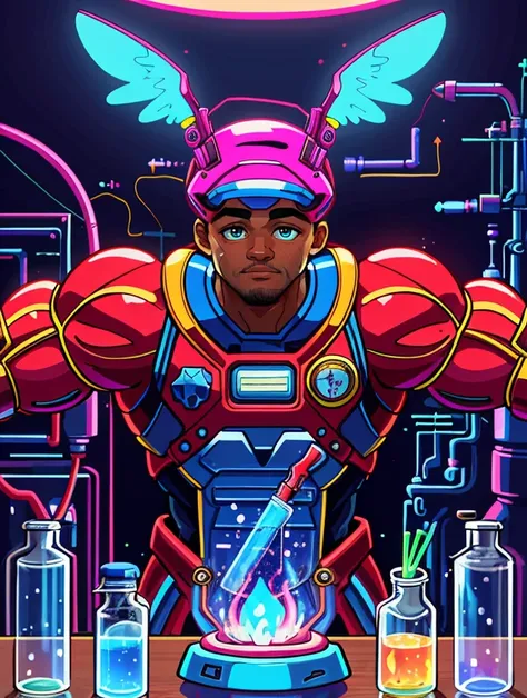 ((tr0y_n0texist )) <lora:colorify:0.3>, <lora:GoodHands-beta2:0.8>, BREAK looking at viewer, solo, from front, front view, upper body, detailed background, detailed face, (<lora:RetrowaveTech:0.6>, vaporwave, wirefrme, retrowavetech theme:1.1), inventor, safety-goggles, shirt, technology, , futuristic, , discovery, organized fantasy research lab in background, chemistry, beakers, , bunsen burner, , flashing lights,