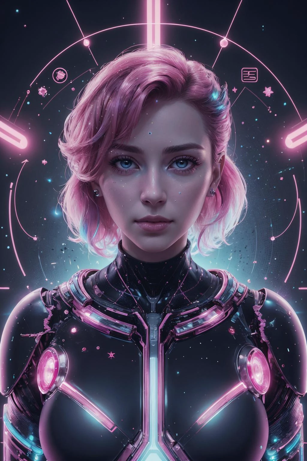 (masterpiece:1.1), (highest quality:1.1), HDR, extreme quality, cg, (negative space), detailed face+eyes, (bright colors), complimentary colors, limited palette, fine art,
1 girl, adult woman, ruby eyes, yellow razor cut hair,
Style-GravityMagic, portrait, solo, upper body, looking away, detailed background, detailed face, (<lora:RetrowaveTech:0.6>, futuristic, virtual, vaporwave, wirefrme, retrowavetech theme:1.1) living star constellation, zodiac, horoscope, benign, aquarius, esoteric geometric patterns, astral , galaxies, bright colorful lights, shine, symmetry, floating particles, cosmic space background, surreal esoteric atmosphere,