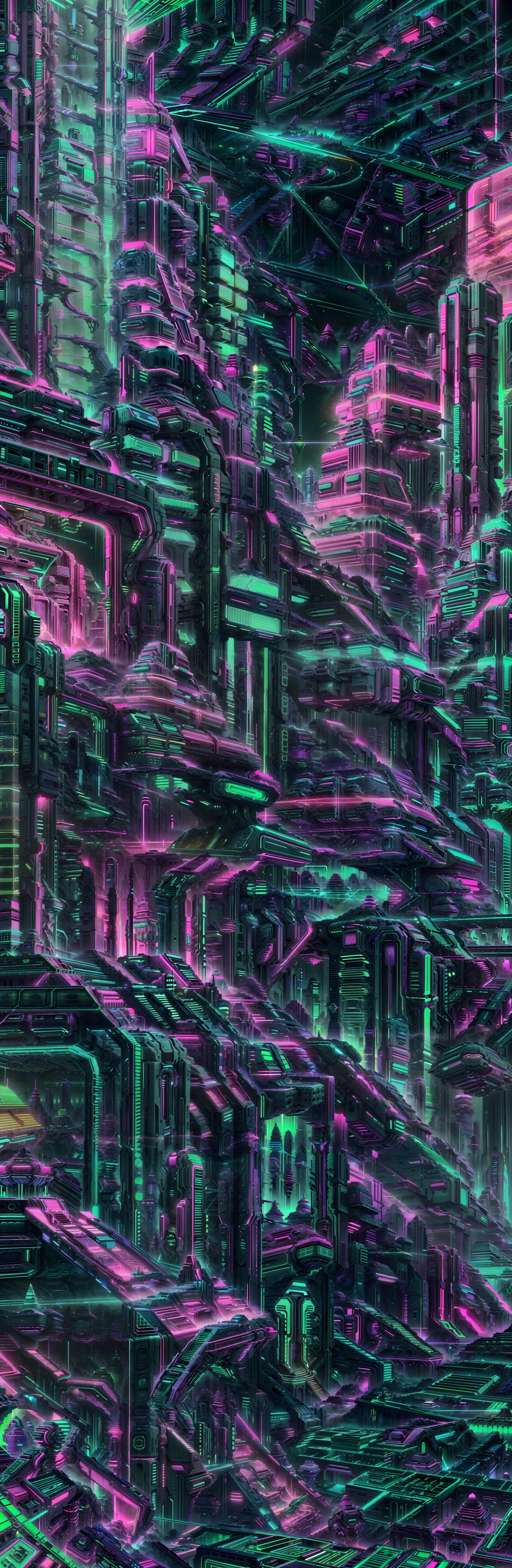 Digital (vector:1.3) art of a city by Zarina Hashmi, Glowing mist, <lora:add_detail:0.4> <lora:RetrowaveTech-20:0.9> <lora:kLabyrinth:0.5> (retrowavetech:1.2), Labyrinth (geometric vaporwave:1.3), (Psychedelic) (incredibly detailed vector art:0.5), (beautifully color-graded:1.3) cinematic (ambient occlusion, global illumination) ue5 (scifi greeble:1.2) (scifi tech) (Hard Surface Modeling:1.2) scifi, wirefrme, (virtual city:1.4), (masterpiece, best quality, high quality, highres), (vibrant vaporwave colors) , lora:nomomassive:0.9>, massive, virtual (holographic:1.2) (green:1.7) neon city, man-made science fiction city, (vaporwave greeble:1.5), ( crisp straight lines:1.2), TRON: Legacy, 16k, (Glowing mist) ui, (cottagetore), (geometric:1.5), futurism, impressionist, detailed, majestic, breathtaking, (suggestive:1.3), (cute:1.2), enticing, (irresistible:1.3), fascinating, (magnetic:1.2), (purple:0.5), (green:1) (blue:1.4), (yellow:0.2), emerald green fractal scifi city , Luminous, Radiant, Electric, Saturated, Vivid, Jewel-toned, Bold, Brilliant, endless buildings, award winning