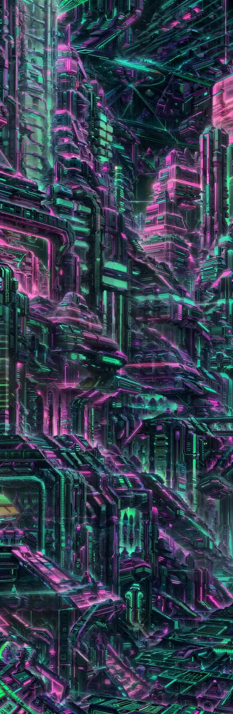 Digital (vector:1.3) art of a city by Zarina Hashmi, Glowing mist, <lora:add_detail:0.4> <lora:RetrowaveTech-20:0.9> <lora:kLabyrinth:0.5> (retrowavetech:1.2), Labyrinth (geometric vaporwave:1.3), (Psychedelic) (incredibly detailed vector art:0.5), (beautifully color-graded:1.3) cinematic (ambient occlusion, global illumination) ue5 (scifi greeble:1.2)  (scifi tech) (Hard Surface Modeling:1.2) scifi, wirefrme, (virtual city:1.4), (masterpiece, best quality, high quality, highres), (vibrant vaporwave colors) , lora:nomomassive:0.9>, massive, virtual (holographic:1.2)  (green:1.7) neon city, man-made science fiction city, (vaporwave greeble:1.5), ( crisp straight lines:1.2), TRON: Legacy, 16k,  (Glowing mist) ui,  (cottagetore), (geometric:1.5), futurism, impressionist, detailed, majestic, breathtaking, (suggestive:1.3), (cute:1.2), enticing, (irresistible:1.3), fascinating, (magnetic:1.2), (purple:0.5), (green:1) (blue:1.4), (yellow:0.2),  emerald green fractal scifi city , Luminous, Radiant, Electric, Saturated, Vivid, Jewel-toned, Bold, Brilliant, endless buildings, award winning