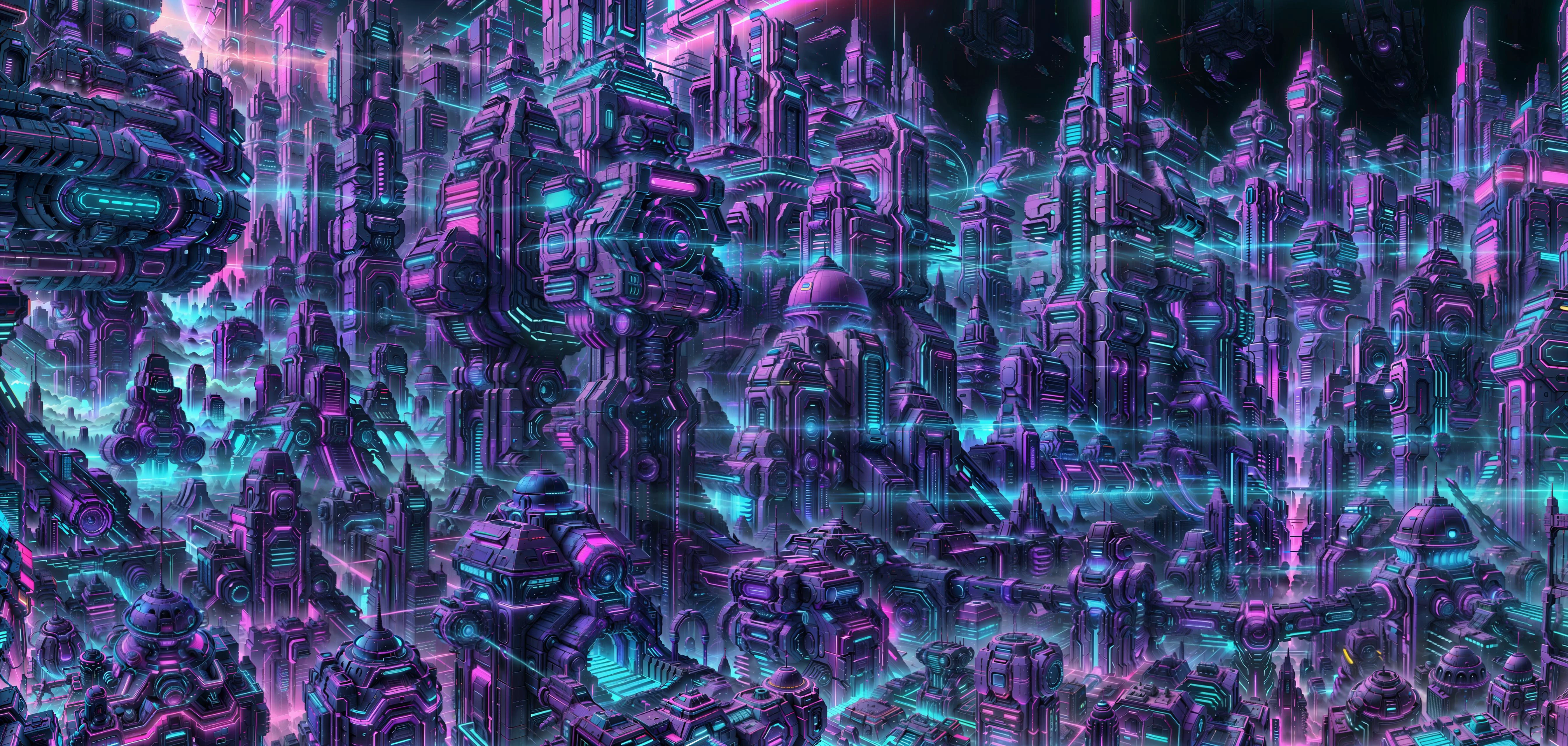 (Glowing mist) <lora:RetrowaveTech-20:0.9> <lora:kLabyrinth:0.3> (retrowavetech, Labyrinth :0.6), vaporwave, scifi, wirefrme, virtual city, (masterpiece, best quality, high quality, highres), (vibrant vaporwave colors) <lora:nomomassive:0.2>, massive, virtual holographic purple and blue neon city, man-made science fiction city, (vaporwave greeble), crisp straight lines, TRON: Legacy, 16k, straight lines, (incredibly detailed vector art:0.5) (beautifully color-graded:1.3) cinematic (ambient occlusion, global illumination) ue5 (scifi greeble:1.2) (scifi tech) SciFi (Hard Surface Modeling)