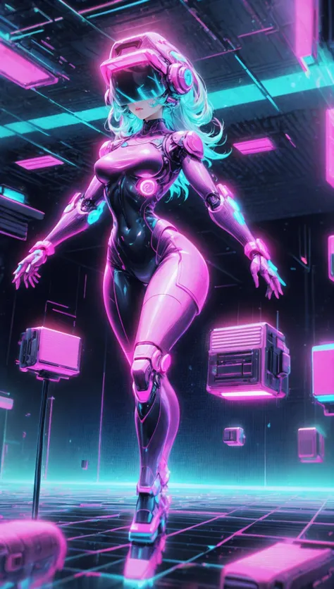 woman wearing glowing virtual bodysuit, retrowavetech logos,voxel reality, scifi scene, vaporware dream,<lora:MG_jijia:0.6> <lora:RetrowaveTech:0.9>
