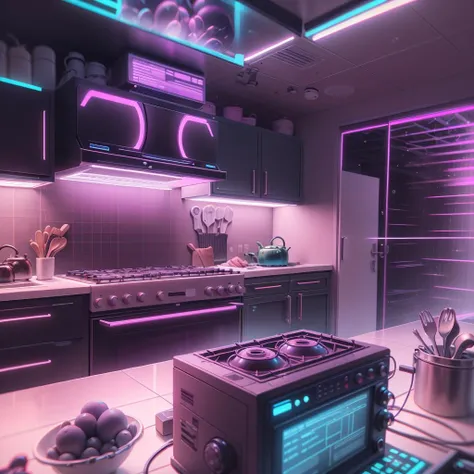 <lora:RetrowaveTech-20:0.8>,retrowavetech ,scifi, virtual, vaporwave , wireframe ,
kitchen,
