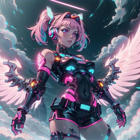 <lora:RetrowaveTech-20:0.8>,retrowavetech , virtual, vaporwave,wirefrme ,see-through, transparent, hologram,
1girl, tattoos, glowing tattoos, glowing eyes, colored glowing hair , shorts,
<lora:BlessedTech-20:0.8> blessedtech, blessed, aura,