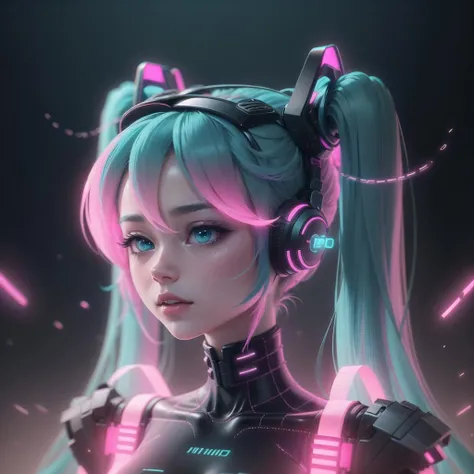 <lora:RetrowaveTech-20:0.8>,retrowavetech ,scifi, virtual, vaporwave , wireframe ,
colored glowing hair , hatsune miku,