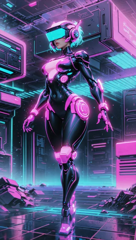 woman wearing glowing virtual bodysuit, retrowavetech logos,voxel reality, scifi scene, vaporware dream,<lora:MG_jijia:0.6> <lora:RetrowaveTech:0.9>