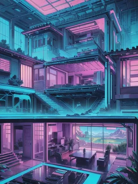 retrowavetech, virtual ,  house, (masterpiece) , in the desert, organic architecture, forest, windows <lora:RetrowaveTech:0.8>