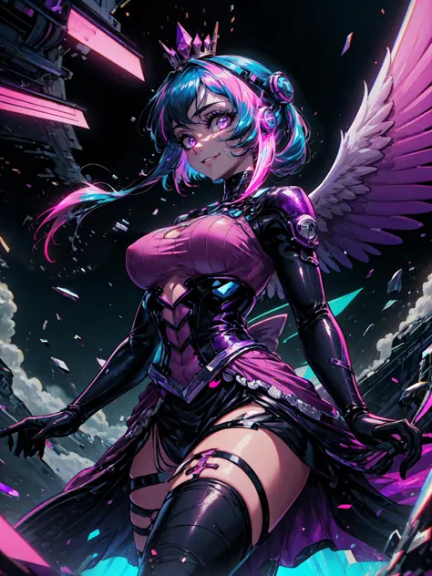 (masterpiece:1.2, best quality:1.2, beautiful, high quality, highres:1.1), detailed, extremely detailed 4K, perfect eyes, perfect face, perfect lighting, <lora:tool_addDetail:0.25>,(1girl, solo, adult female, mature female), <lora:detailed_eyes:1> ,
<lora:style_retrowaveTech_(retrowavetech--virtual--vaporwave--wireframe--scifi):0.95>, retrowavetech, virtual, vaporwave, scifi, wireframe,
twilight sparkle, blue hair, (glowing neon pink retrowavetech hair stripe:1.5, glowing retrowavetech hair:1.2, glowing hair:1.2), retrowavetech crown, queen, long straight hair, straight bangs, smile, looking at viewer, purple eyes