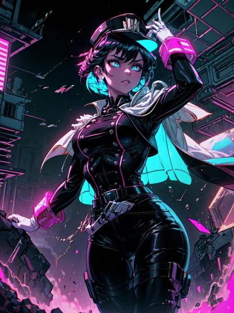 (masterpiece:1.2, best quality:1.2, beautiful, high quality, highres:1.1), detailed, extremely detailed 4K, perfect eyes, perfect face, perfect lighting, <lora:tool_addDetail:0.25>,(1girl, solo, adult female, mature female), <lora:detailed_eyes:1> ,
<lora:style_retrowaveTech_(retrowavetech--virtual--vaporwave--wireframe--scifi):1>, retrowavetech, virtual, vaporwave, scifi, wireframe
[muscular, biceps], leg muscles, thigh muscles, thin, abs, 
dark blue hair, wedge cut haircut, short hair, 
<lora:concept_changeACharacter_AnimeOfficer_(OfficerA):0.7>, OfficerA, glowing neon retrowavetech military uniform, glowing neon retrowavetech double breasted jacket, military hat, wireframe cape, tight outfit, tight pants, [cameltoe]