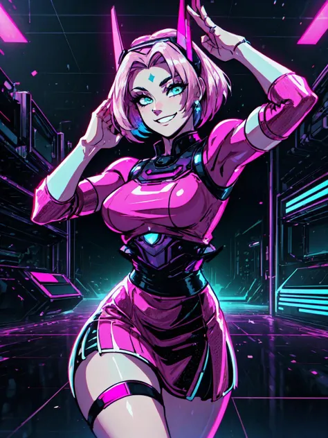 (masterpiece:1.2, best quality:1.2, beautiful, high quality, highres:1.1), detailed, extremely detailed 4K, perfect eyes, perfect face, perfect lighting, <lora:tool_addDetail:0.25>,(1girl, solo, adult female, mature female), <lora:detailed_eyes:1> ,
<lora:style_retrowaveTech_(retrowavetech--virtual--vaporwave--wireframe--scifi):0.9>, retrowavetech, virtual, vaporwave, scifi, 
[muscular, biceps], leg muscles, thigh muscles, lithe body,
<lora:character_harunoSakuraNaruto_lykon:0.65>, haruno sakura, glowing pink hair, green eyes, glowing forehead mark, retrowavetech shirt, retrowavetech scifi skirt, confident grin, pose, retrowavetech headgear, 
wireframe background, retrowavetech city background
