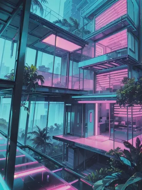 retrowavetech, vaporwave ,  house, (masterpiece) , in the jungle, modern architecture, forest, windows <lora:RetrowaveTech:0.8>