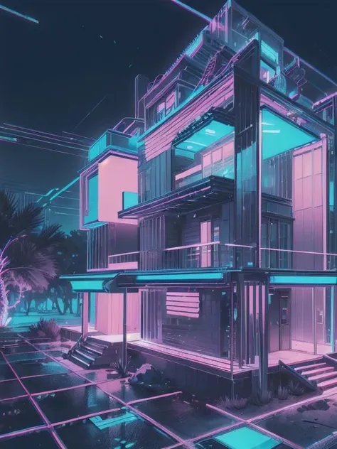 retrowavetech, wirefrme , house, (masterpiece) , in the desert, elegant architecture, forest, windows <lora:RetrowaveTech:0.8>