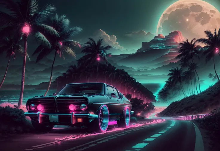 a car driving down a road with a full moon in the background and palm trees on both sides of the road, Dan Mumford, outrun, cyberpunk art, retrofuturism