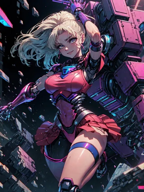 (masterpiece:1.2, best quality:1.2, beautiful, high quality, highres:1.1), detailed, extremely detailed 4K, perfect eyes, perfect face, perfect lighting, <lora:tool_addDetail:0.25>,(1girl, solo, adult female, mature female), <lora:detailed_eyes:1> ,
<lora:style_retrowaveTech_(retrowavetech--virtual--vaporwave--wireframe--scifi):1>, retrowavetech, virtual, vaporwave, scifi, 
[muscular, biceps], leg muscles, thigh muscles, thin, 
<lora:concept_costume_showgirlSkirt:1>, metal showgirl skirt, 
platinum blone hair, pointy hair, long hair, brown eyes, 
retrowavetech armor, mechanical parts, robot joints, smile, action pose,
