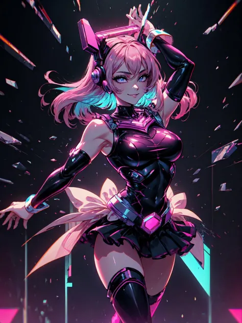 (masterpiece:1.2, best quality:1.2, beautiful, high quality, highres:1.1), detailed, extremely detailed 4K, perfect eyes, perfect face, perfect lighting, <lora:tool_addDetail:0.25>,(1girl, solo, adult female, mature female), <lora:detailed_eyes:1> ,
<lora:style_retrowaveTech_(retrowavetech--virtual--vaporwave--wireframe--scifi):1>, retrowavetech, virtual, vaporwave, scifi, 
[muscular, biceps], leg muscles, thigh muscles, thin, 
vaporwave magical girl, smile, happy, vaporwave magical girl headgear, magical girl pose, (wireframe background, vaporwave sunset)
