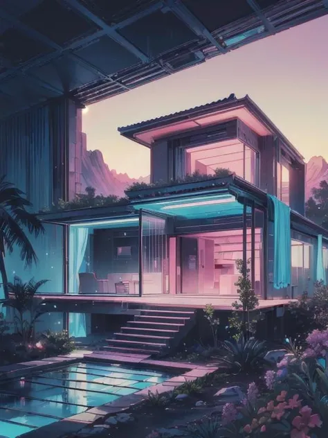 retrowavetech, virtual , house, (masterpiece) , in the desert, organic architecture, forest, windows <lora:RetrowaveTech:0.8>