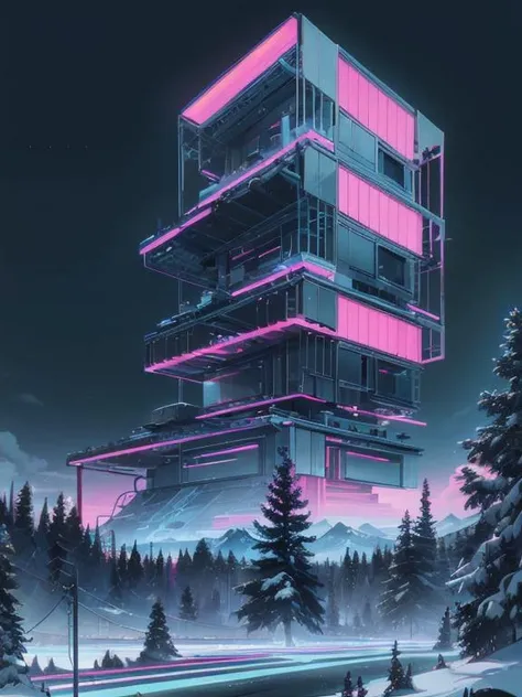 retrowavetech, wirefrme,  modern house, structure frame(masterpiece)  scifi, in the mountains, modern architecture, forest, windows <lora:RetrowaveTech:0.8>