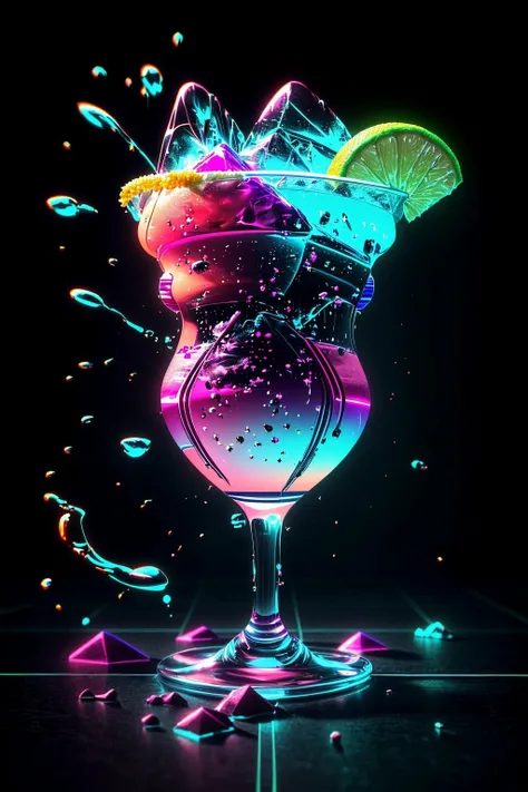 <lora:style-retrowavetech:1.0> <lora:add_detail:1.0> <lora:epi_noiseoffset-v2:0.4> (product image:1.5), scifi, (colorful retrowavetech cocktail:1.5) on ice, (slate tabletop:1.4), decorated with a lime slice, dramatic lighting, (backlighting:1.3), sharp focus, ornate glass, (decorative voxel:1.3), (floating drops of water:1.4), (zero gravity:1.5), depth of field 270mm, retrowavetech bar, (photorealistic:1.4), (masterpiece, best quality, 16k, 8k, ultra highres, absurdres, highres:1.2)
