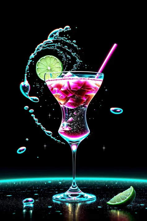 <lora:style-retrowavetech:1.0> <lora:add_detail:1.0> <lora:epi_noiseoffset-v2:0.4> (product image:1.4), scifi, beautiful colorful retrowavetech cocktail on ice, decorated with a (lime slice:1.1), (round, bulgy:1.4) cocktail glass, (floating:1.2) pixels, (floating:1.2) drops of water, droplets, (zero gravity:1.4), thick metal straw, (voxel decorations:1.2), depth of field 100mm, (photorealistic:1.4), (masterpiece, best quality, 16k, 8k, ultra highres, absurdres, highres:1.2)