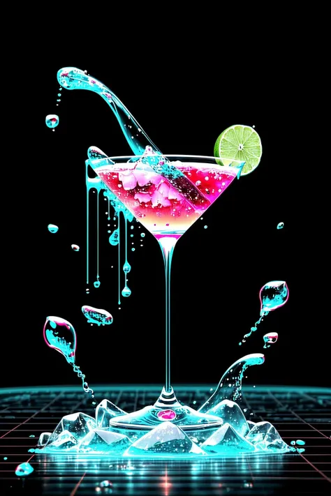 <lora:style-retrowavetech:1.0> <lora:add_detail:1> <lora:epi_noiseoffset-v2:0.4> (product image:1.4), scifi, beautiful colorful retrowavetech cocktail on ice, decorated with a (lime slice:1.15), (curvy:1.4) cocktail glass, (floating:1.2) water, (floating:1.2) drops of water, droplets, (zero gravity:1.4), thick metal straw, (voxel decoration:1.2), depth of field 100mm, (photorealistic:1.4), (masterpiece, best quality, 16k, 8k, ultra highres, absurdres, highres:1.2)