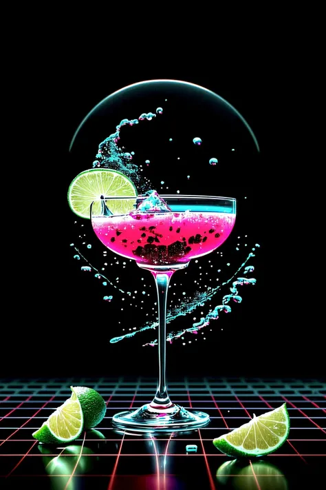 <lora:style-retrowavetech:1.0> <lora:add_detail:1> <lora:epi_noiseoffset-v2:0.4> (product image:1.4), scifi, beautiful colorful retrowavetech cocktail on ice, decorated with a (lime slice:1.1), (round, bulgy:1.4) cocktail glass, (floating:1.2) pixels, (floating:1.2) drops of water, droplets, (zero gravity:1.4), thick metal straw, (decorative scifi doodad:1.2), depth of field 100mm, (photorealistic:1.4), (masterpiece, best quality, 16k, 8k, ultra highres, absurdres, highres:1.2)
