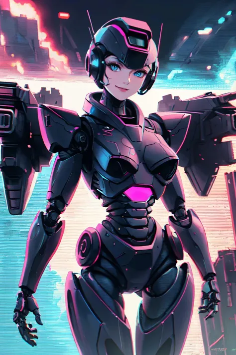 <lora:RetrowaveTech:0.8>retrowavetech battle mech,retrowavetech android,
(best quality, masterpiece, RAW photo,ultra-detailed:1.2), <lyco:GoodHands-beta2:1.0>,1girl,solo,looking at viewer,smile