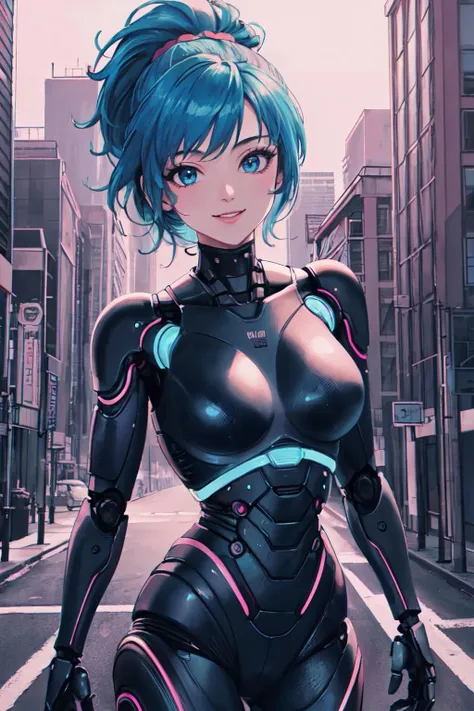 <lora:RetrowaveTech:0.4>retrowavetech android,retrowavetech city, blue hair,
(best quality, masterpiece, RAW photo,ultra-detailed:1.2), <lyco:GoodHands-beta2:1.0>,1girl,solo,looking at viewer,smile