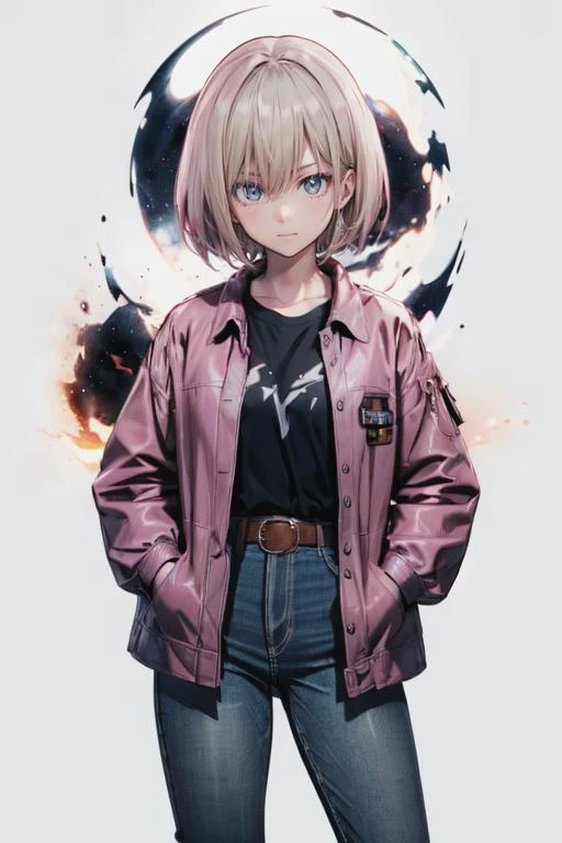 toriyama_akira , dragon ball, (dragonball z), 1girl, solo, android 18, blonde hair, blue eyes, short hair, simple background, belt, hands in pockets, white background, jacket, looking at viewer, black shirt, pants, shirt, denim, closed mouth, blue jacket, long sleeves, denim jacket, skirt,red aura,aura