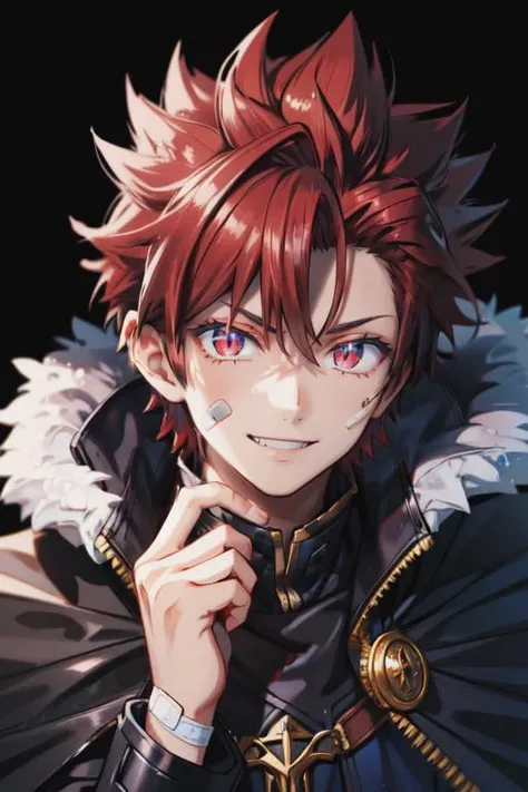 crown,1boy,male focus,smile,fire,solo,black background,red hair,fur trim,red eyes,cape,looking at viewer,bandaid,grin,bandaid on face,upper body,blue cape,simple background,short hair,teeth,glowing,fiery hair,long sleeves,spiked hair,cloak,IncrsSlitPupil,<lora:SlitPupils:1>,