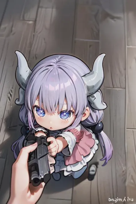 lora,godoacrime,from above,chibi,pov,holding gun,kannakamui,dress,thighhighs,dragon horns,hair beads,low twintails,<lyco:GoDoACrime meme:1>,<lora:Kanna05:0.8>,