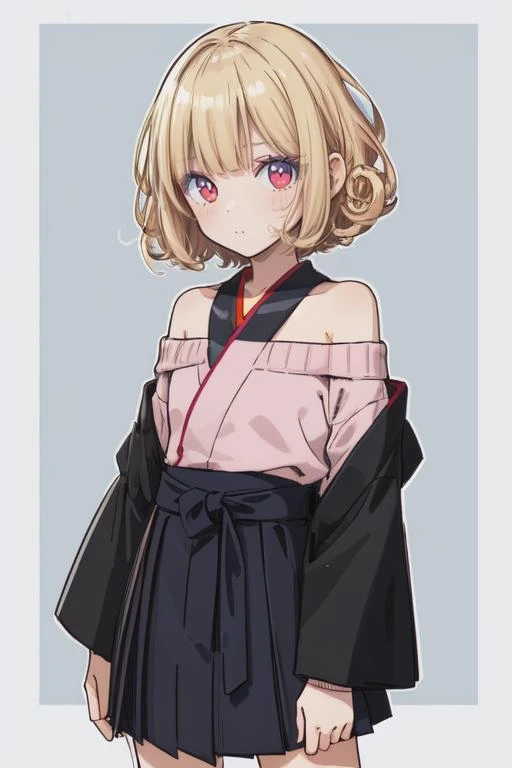 1girl,pink short hair,red eye off-shoulder sweater,hakama skirt,blonde hair,Curly Bob,Moscow city Morning,, (flat color, pastel style, black outlines:1.2), sketch